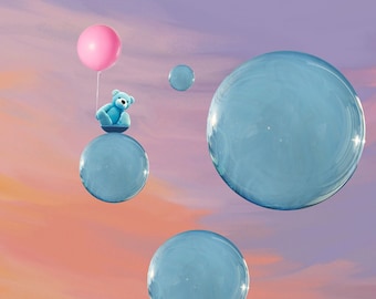 Bubble Bear Serenity | bubbles | home décor | digital printable | teddy bear | clouds |  sunset