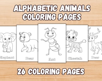 Alphabetic Animals Coloring Pages for kids and toddlers, Printable Animals Coloring Pages, ABC Animals, 26 Coloring Pages