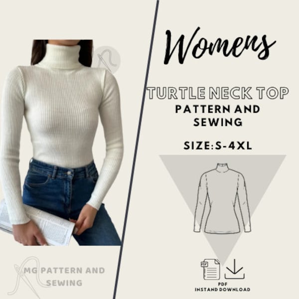 Womens Turtleneck Top Pattern PDF/ Size S-4XL /Digital / Step by step / Beginner / Long Sleeve Sweater Top PDF Sewing Pattern/ Easy sewing