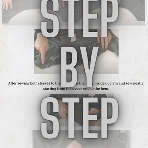 May include: Step-by-step instructions for sewing sleeves to a garment. The text reads "STEP BY STEP" with images showing the process.