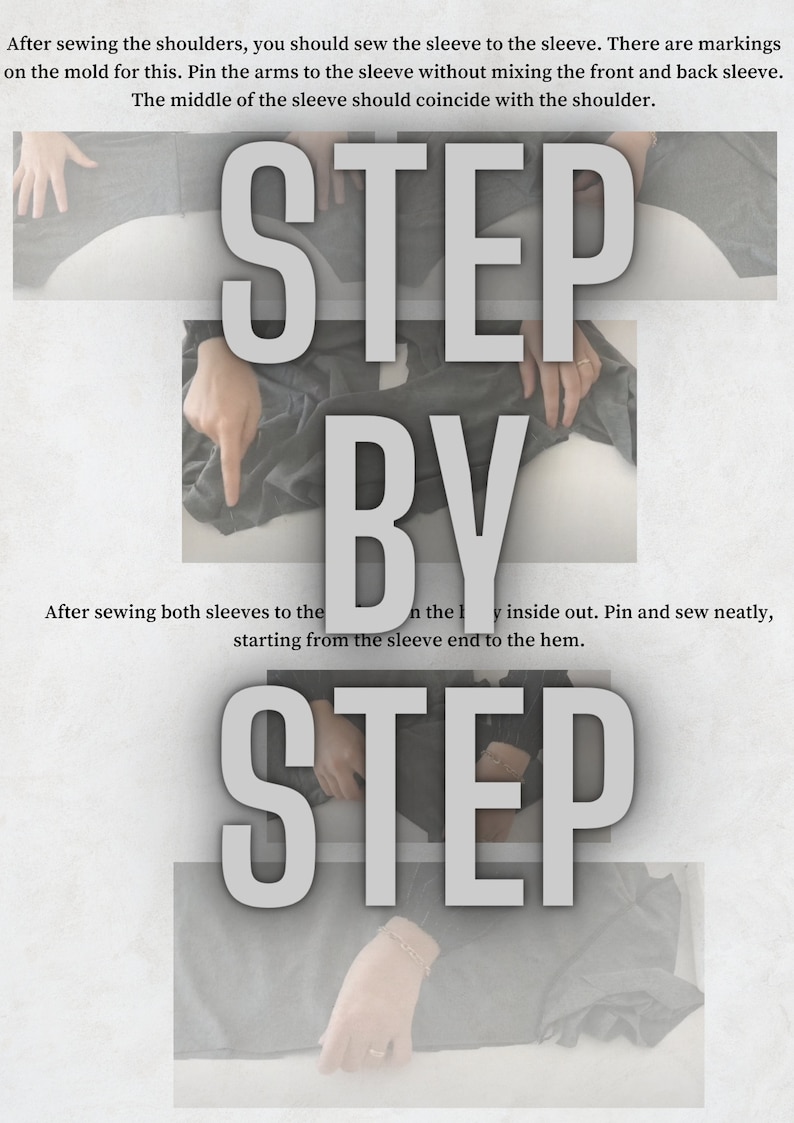 May include: Step-by-step instructions for sewing sleeves to a garment. The text reads "STEP BY STEP" with images showing the process.