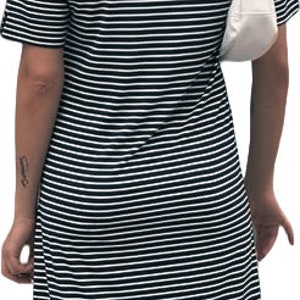 May include: A black and white striped short-sleeved dress with a relaxed fit.