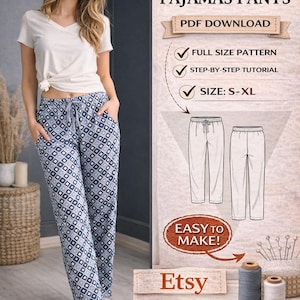 Patrón de pantalón de pijama para mujer (tallas S a XXL), fácil de usar, para pantalones de estar por casa (PDF), para mujer.