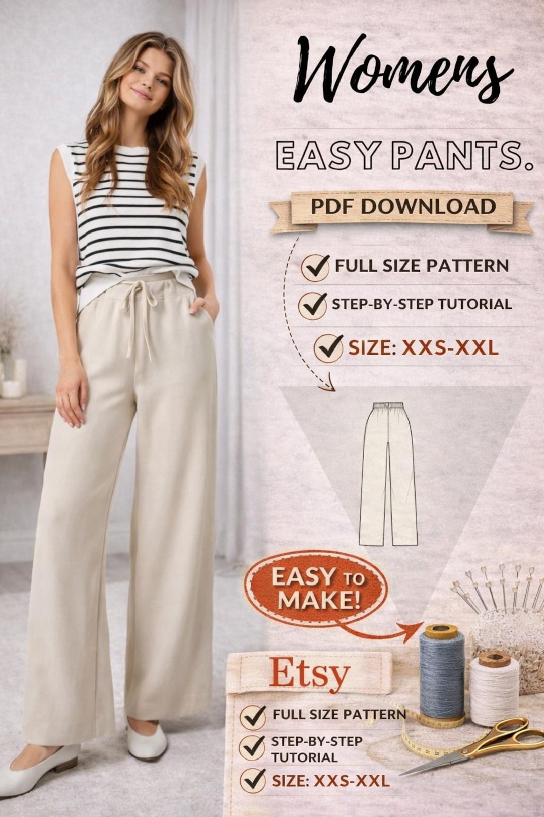 Womens Easy Pants. PDF Pattern/digital/ Size: XXS-XXL/ Step by