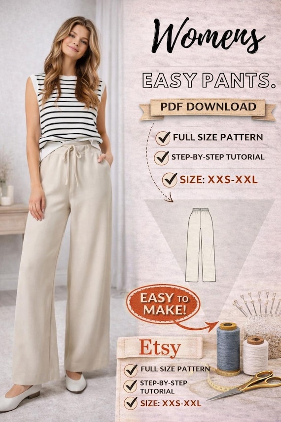 Womens Easy Pants. PDF Pattern/digital/ Size: XXS-XXL/ Step by