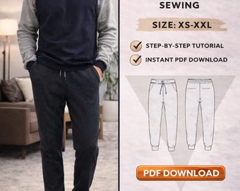 Pantalon de jogging pour homme. Modèle/taille PDF ; P-XXL/ Numérique / Pas à pas / Débutant/ Patron de pantalons de survêtement pour homme/ Patrons de couture/ Pantalons de jogging