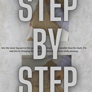 May include: Step-by-step instructions for sewing shorts. The image shows two pieces of fabric being sewn together. The text on the image reads "Step by Step".