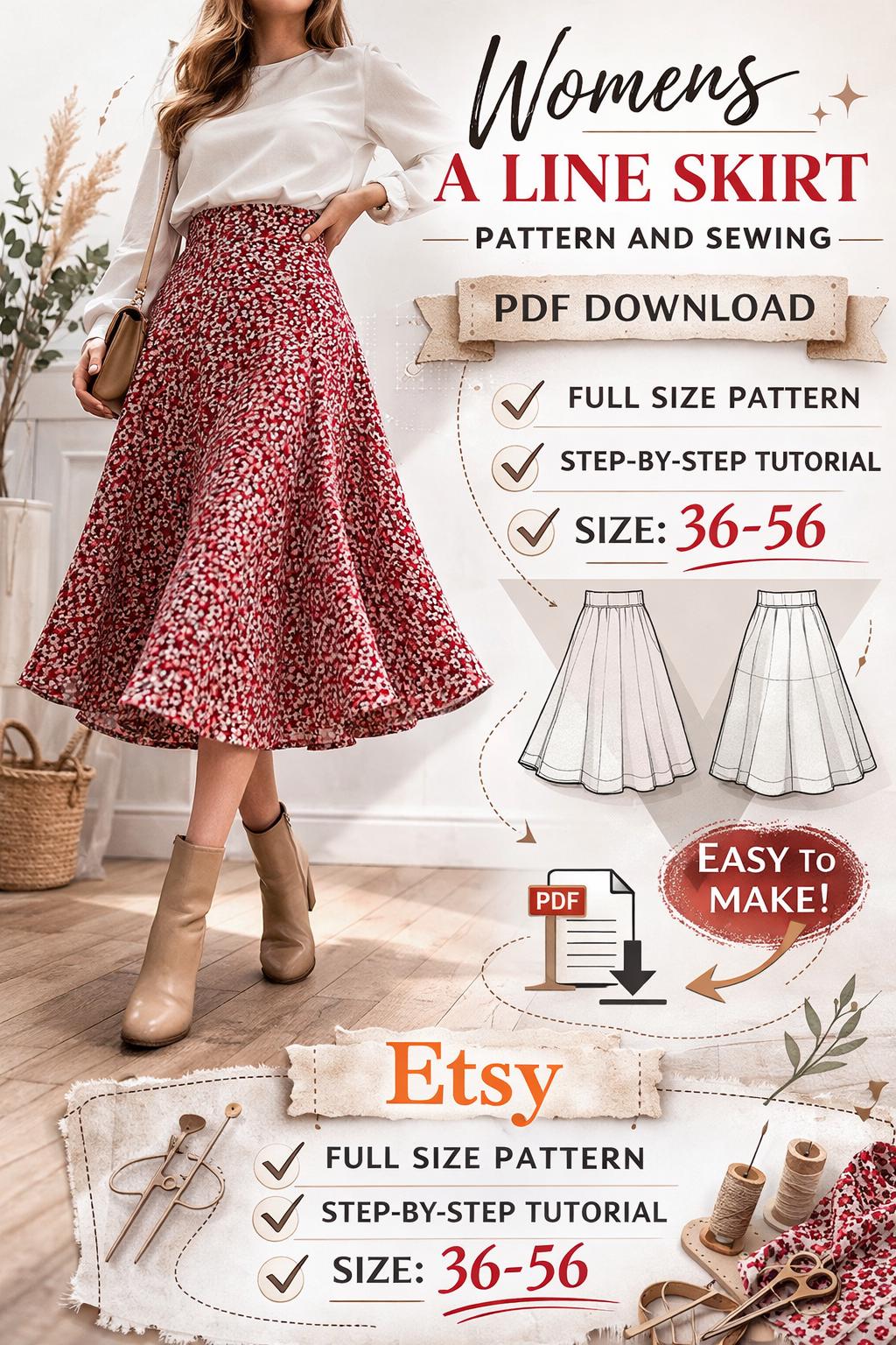 Womens Skirt Pattern/ Pattern-pdf /sewing Pattern /step by Step / Size 36-58 / A Line Skirt Pattern / Beginner Pattern / Long Skirt Pattern