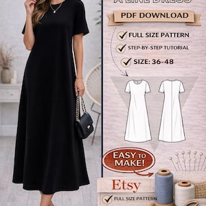 Patrón de vestido de corte A para mujer en PDF/Digital/Explicación ilustrada paso a paso/Talla 36-48/Proyecto para principiantes/Vestido midi fácil
