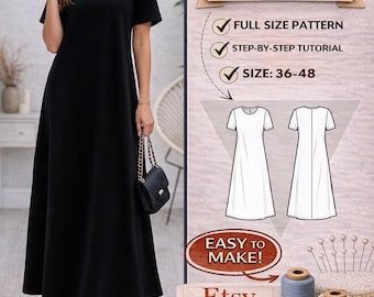 Womens A Line Dress Pattern PDF/ Digital / Step by step illustrated explanation/ Size 36-48 /Beginner project/ Easy Midi dress