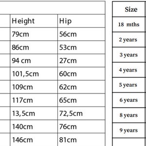May include: Size chart for children's clothing with measurements in centimeters for height, hip, and waist elastic size. The chart includes sizes from 18 months to 9 years.