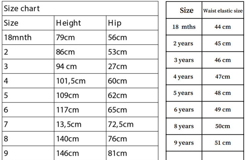 May include: Size chart for children's clothing with measurements in centimeters for height, hip, and waist elastic size. The chart includes sizes from 18 months to 9 years.