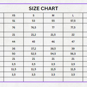 May include: A size chart with measurements in centimeters for clothing, including chest, height from shoulder, sleeve length, shoulder to shoulder, cuff, hem, patch, and pocket dimensions. Sizes range from XXS to XXL.