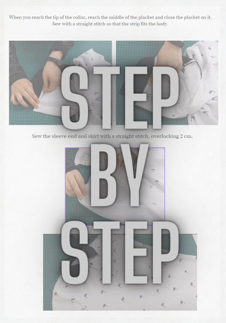 May include: Image showing sewing instructions with the words "STEP BY STEP" in large, gray letters. The image includes close-ups of hands working with fabric, and text instructions on sewing techniques.