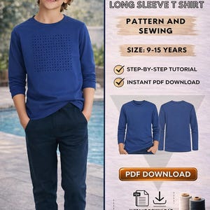 Kids long sleeve t-shirt pattern/ PDF Pattern/ Digital/  Size 9-15 years / Step by step / Easy t-shirt sewing pattern/ Instant Download/