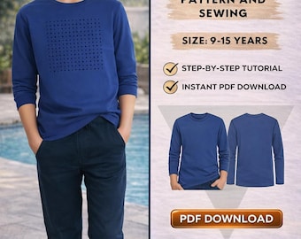 Kids long sleeve t-shirt pattern/ PDF Pattern/ Digital/  Size 9-15 years / Step by step / Easy t-shirt sewing pattern/ Instant Download/