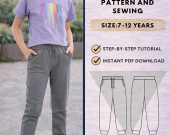 Kids Jogger Pants. PDF Pattern/ Size 7years-12years / Beginner project / Easy Pattern and Sewing / Step by step /Jogging Pants for Children