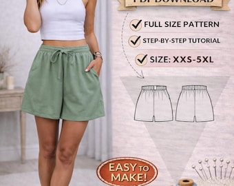 Womens Shorts Sewing Pattern/ PDF/ Size XXS-5XL/ Step by step/ Elastic Shorts Pattern/ Easy Shorts /PDF Sewing Patterns/ Instant Download
