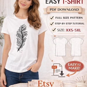 Frauen Easy T-shirt nähen - PDF Nähanleitung / Schritt für Schritt Nähanleitung / Größe XXS-5XL