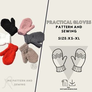 Puede incluir: Un patrón de descarga digital para coser guantes prácticos en varios colores. El patrón incluye instrucciones para las tallas XS-XL. La imagen muestra una variedad de guantes peludos en diferentes colores, incluyendo negro, rosa, gris, beige y rojo.