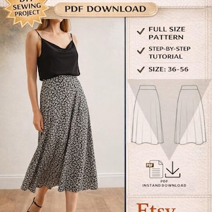 Modello PDF per gonna midi/Cucito/Facile/Passo dopo passo/Principiante/Modello per gonna lunga/Taglie 36-58