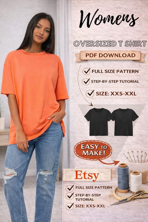 Womens Oversize T Shirt Pattern / Oversized Tee PDF Pattern/ Step by step / Size XXS-XXL /Picture tutorial/ Easy Shirt/ Oversized T-Shirt