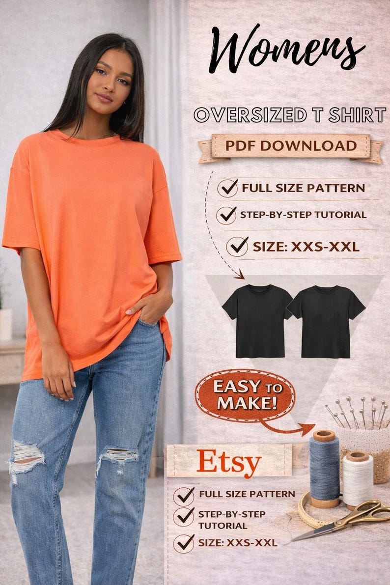 Womens Oversize T Shirt Pattern / Oversized Tee PDF Pattern/ Step by step / Size XXS-XXL /Picture tutorial/ Easy Shirt/ Oversized T-Shirt image 1