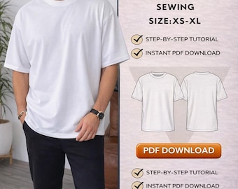 Mens T-Shirt Sewing Pattern/ Basic Tee Shirt/ Step by step /Oversized pattern /Easy Sewing Pattern/ PDF Pattern Instant Download/ Size XS-XL