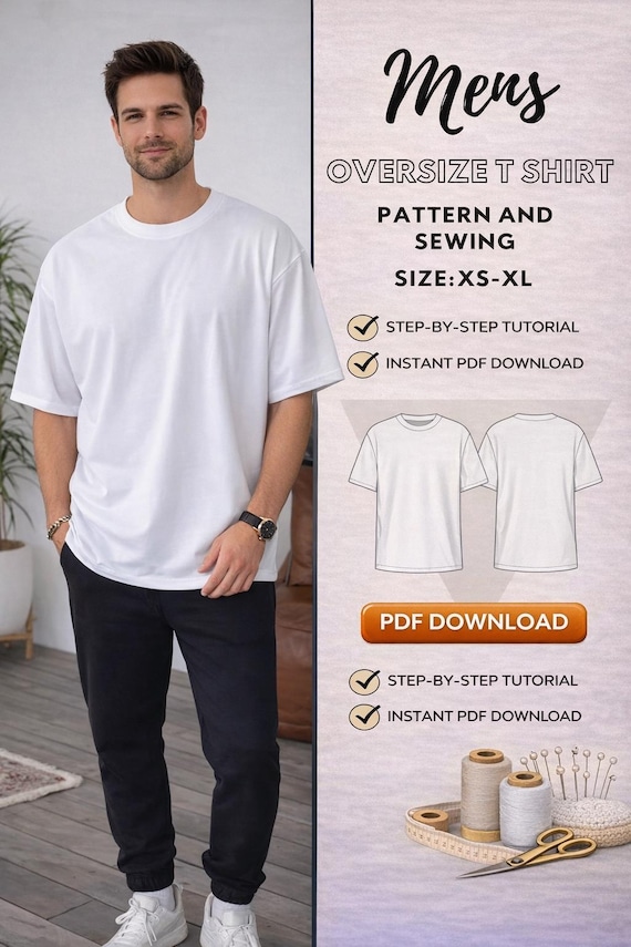 Mens T-Shirt Sewing Pattern/ Basic Tee Shirt/ Step by step /Oversized pattern /Easy Sewing Pattern/ PDF Pattern Instant Download/ Size XS-XL