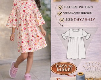 Girls dress pattern/ Size 7/8y-11/12y /Step by step picture tutorial / Kids pattern sewing/Lovely Summer Dress pattern /Kids ruffle dress