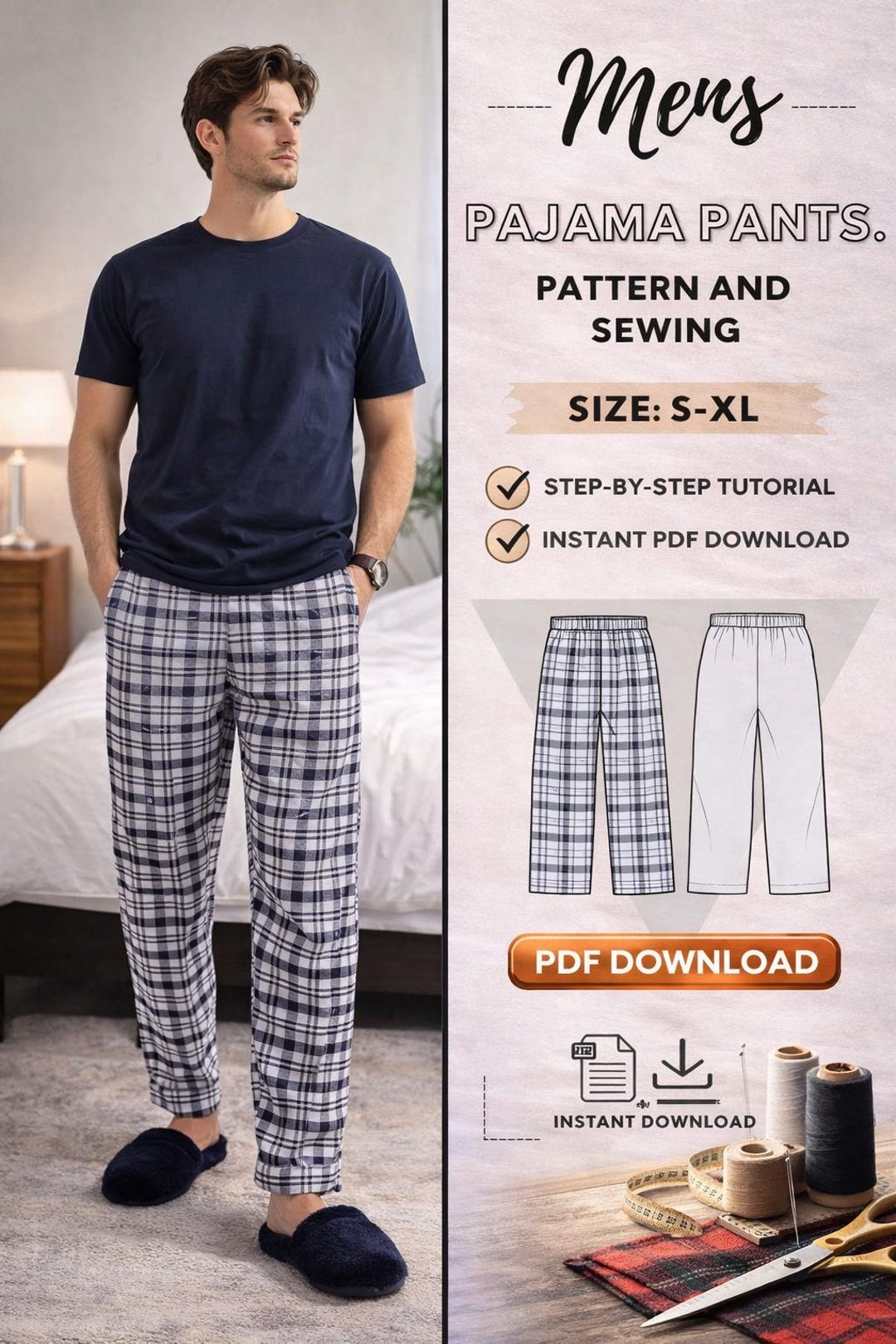 Mens Pajama Pants. Dıgıtal PDF PATTERN/ Size: S-XL /step by Step