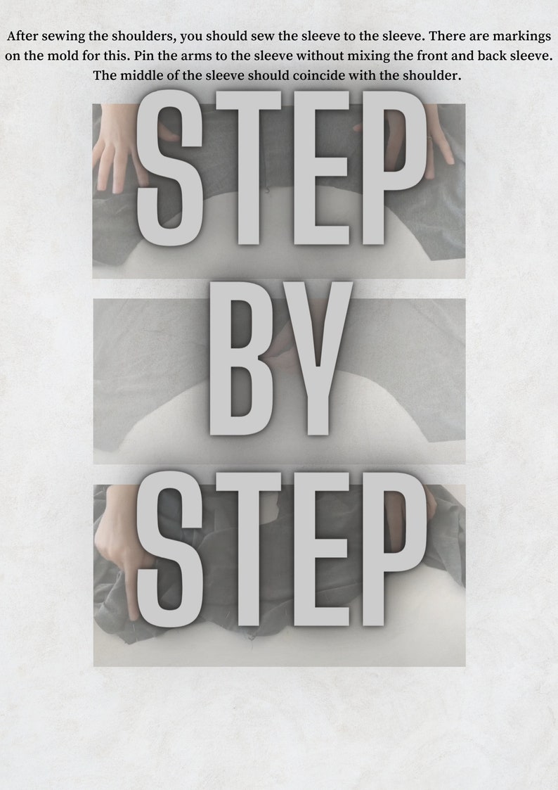 May include: A step-by-step guide to sewing a sleeve to a sleeve. The image shows three steps, with the text "STEP BY STEP" in the center of the image.