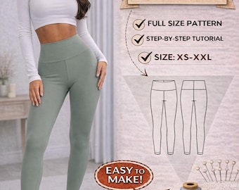 Patrón de costura para leggings / Tallas XS-XL / Patrón de leggings de talle alto / Patrón de leggings en PDF / Leggings de cintura alta / Leggings para mujer / Paso a paso