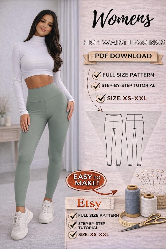 Leggings Sewing Pattern/XS-XL/High Rise Leggings Pattern Pants | Leggings pattern PDF | High Waisted Leggings/ Women's Leggings /Stepbystep