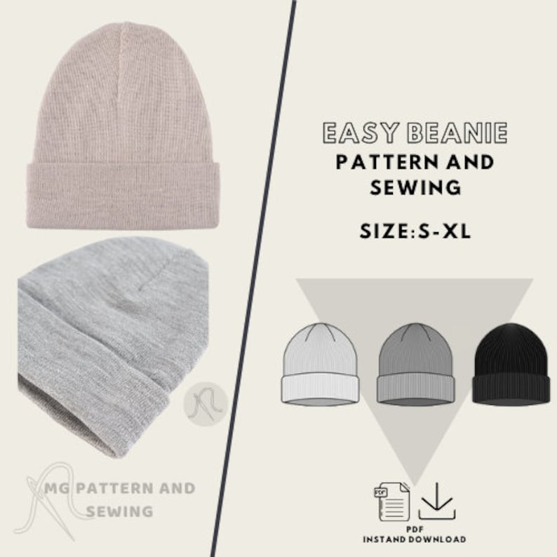 Puede incluir: Un gorro beige claro y un primer plano de un gorro gris. La imagen tambi&eacute;n incluye ilustraciones de gorros y el texto "EASY BEANIE PATTERN AND SEWING SIZE: S-XL". Tambi&eacute;n hay un icono de descarga PDF.