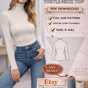 Wzór na damski golf w formacie PDF / Rozmiar S-4XL / Cyfrowy / Krok po kroku / Początkujący / Sweter z długim rękawem w formacie PDF / Szycie