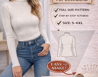 Womens Turtleneck Top Pattern PDF/ Size S-4XL /Digital / Step by step / Beginner / Long Sleeve Sweater Top PDF Sewing Pattern/ sewing