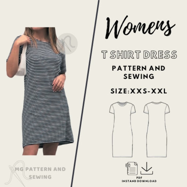 Womens T Shirt Dress PDF Patten/ Size : XXS-XXL/ Digital /Sewing Pattern/Step-by-Step/Picture tutorial/Trendy Dress Pattern/Beginner project