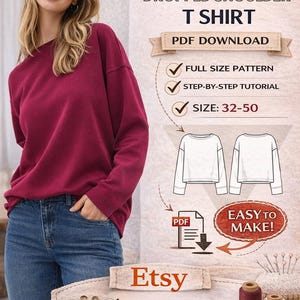 Dames T-shirt met verlaagde schouder, lange mouwen pdf / BAC/Maat: 32-50 /Stap voor stap / Vriendelijk / eenvoudig patroon /Relaxed Fit / naaien