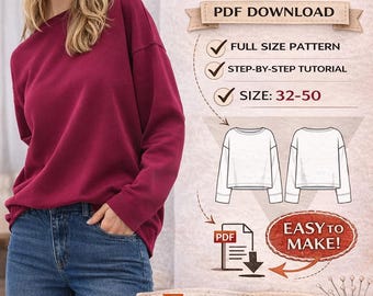 Frauen Tropfen Schulter, lange Ärmel Tshirt PDF / BASİC / Größe: 32-50 /Schritt für Schritt / Freundlich / einfach Muster /Relaxed Fit / Nähen