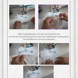 Puede incluir: Instrucciones de costura paso a paso con una m&aacute;quina de coser. La imagen muestra primeros planos de tela que se est&aacute; cosiendo, con instrucciones de texto. El texto dice: "La parte que parece una V ser&aacute; la parte superior de tu sombrero."