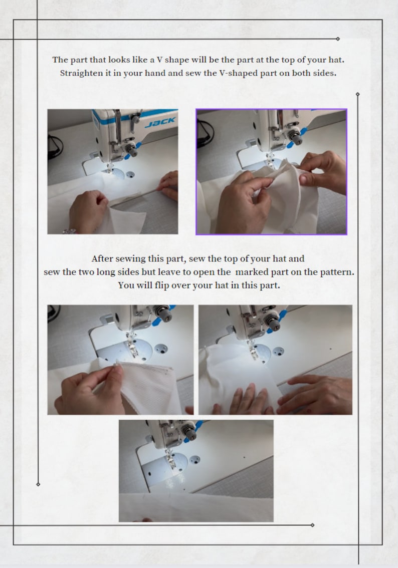 Puede incluir: Instrucciones de costura paso a paso con una m&aacute;quina de coser. La imagen muestra primeros planos de tela que se est&aacute; cosiendo, con instrucciones de texto. El texto dice: "La parte que parece una V ser&aacute; la parte superior de tu sombrero."