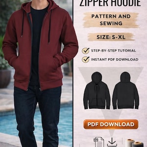 Hoodie met rits/Afbeelding stapsgewijze instructie/Maten=S-XL/Easy Making-instructies/patroon en pdf/herenhoodie patroonbestanden ritspatroon