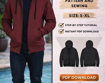 Hoodie met rits/Afbeelding stapsgewijze instructie/Maten=S-XL/Easy Making-instructies/patroon en pdf/herenhoodie patroonbestanden ritspatroon