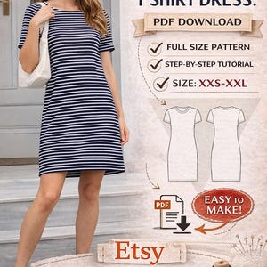 Womens T Shirt Dress PDF Patten/ Size : XXS-XXL/ Digital /Sewing Pattern/Step-by-Step/Picture tutorial/Trendy Dress Pattern/Beginner project image 1