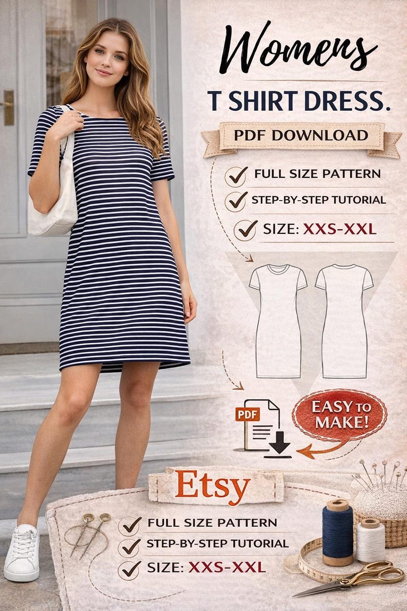 Womens T Shirt Dress PDF Patten/ Size : XXS-XXL/ Digital /Sewing Pattern/Step-by-Step/Picture tutorial/Trendy Dress Pattern/Beginner project image 1