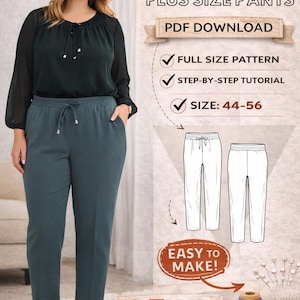 Pantaloni taglie forti da donna. Modello PDF/Taglie: 44-56/Passo dopo passo/PDF digitale/Cucitura facile/Pantaloni con elastico in vita/Modello di cucito facile per pantaloni