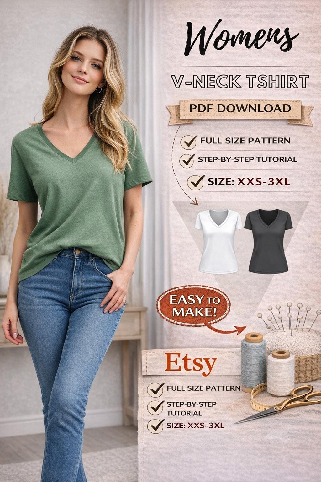 STEP BY STEP VネックTシャツ Women's V-neck T- Shirt PDF Pattern/ Size; XXS-3XL/ Step-by-step