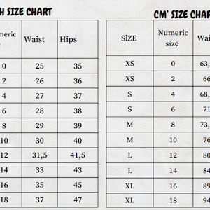 May include: Size chart for clothing with measurements in inches and centimeters. The chart shows sizes XS, S, M, L, and XL with corresponding numeric sizes and waist and hip measurements.