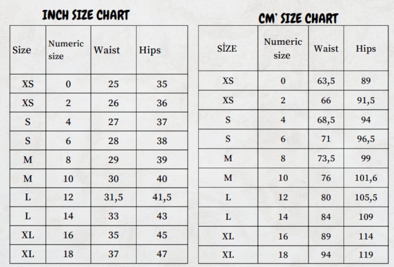 May include: Size chart for clothing with measurements in inches and centimeters. The chart shows sizes XS, S, M, L, and XL with corresponding numeric sizes and waist and hip measurements.